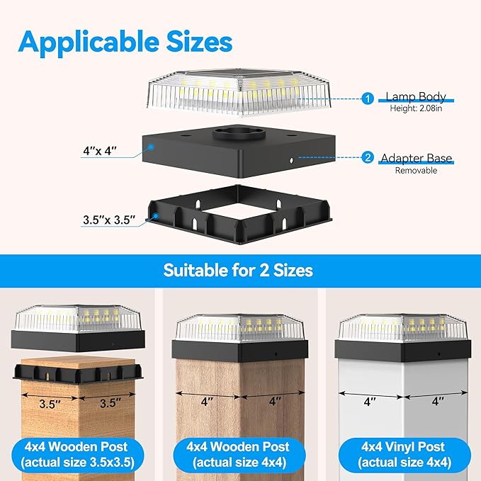 Solar Post Cap Lights, 6-Pack Fence Post Solar Lights for 4x4 Wood/Vinyl Posts, IP65 Waterproof, 10-12 Hours of Illumination with 3 Lighting Modes for Garden/Patio/Porch - Black
