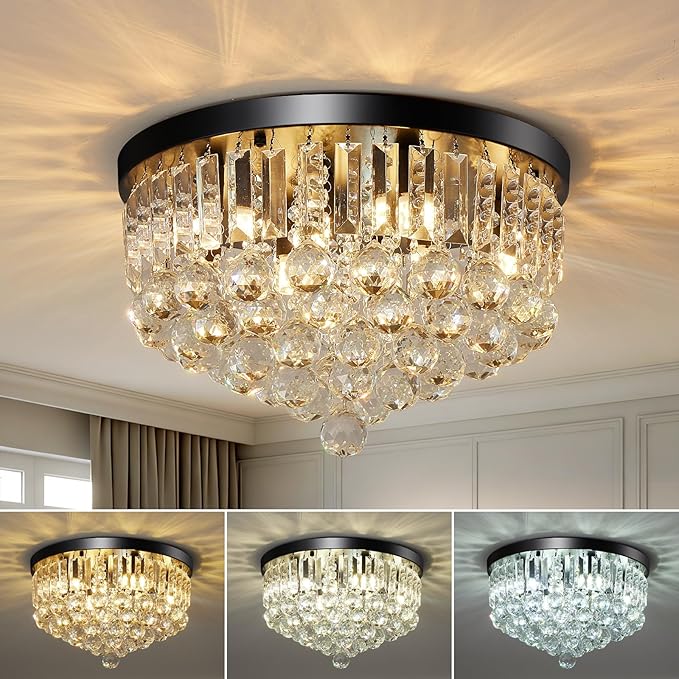 8-Light Modern Crystal Chandelier Black Metal G9 Base Flush Mount Round Light Fixture Ceiling Lamp Farmhouse for Dining Living Room Laundry Foyer Kitchen Balcony Bedroom (H 11''x W 16'')