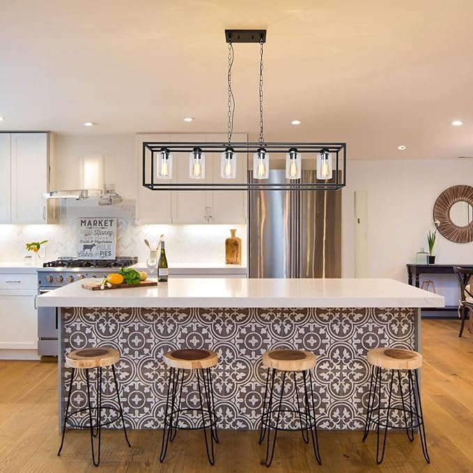 6-Light Black Kitchen Island Lighting with Clear Glass Shade, Modern Farmhouse Dining Room Light Fixtures Over Table, Island Lights for Kitchen, Dining Room, Bar, Foyer