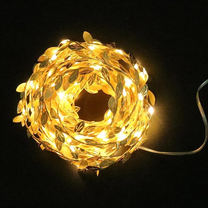 Uonlytech Gold Leaves String Light 100 LED Rattan Fairy Light Battery- Powered Copper Wire Light Window Curtain Haing Lamp for Indoor Outdoor Home Tree Garden Decor