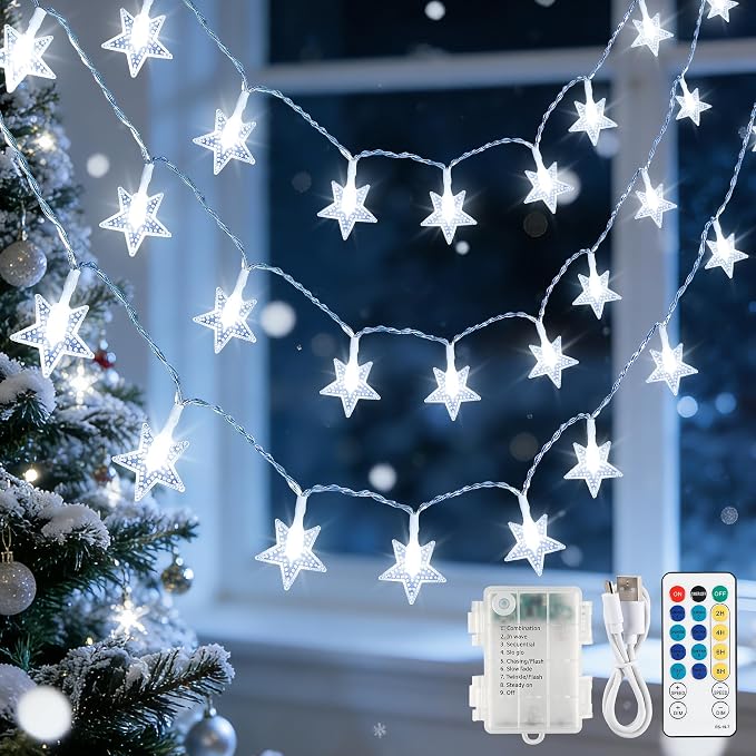 Star String Lights Battery&USB Powered,19FT 50LED Star Fairy Lights with Remote, Hanging Star Lights for Home, Kids Tent, Bedroom,Porch, Classroom, Christmas,Party,Room Decor,White