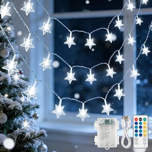 Star String Lights Battery&USB Powered,19FT 50LED Star Fairy Lights with Remote, Hanging Star Lights for Home, Kids Tent, Bedroom,Porch, Classroom, Christmas,Party,Room Decor,White