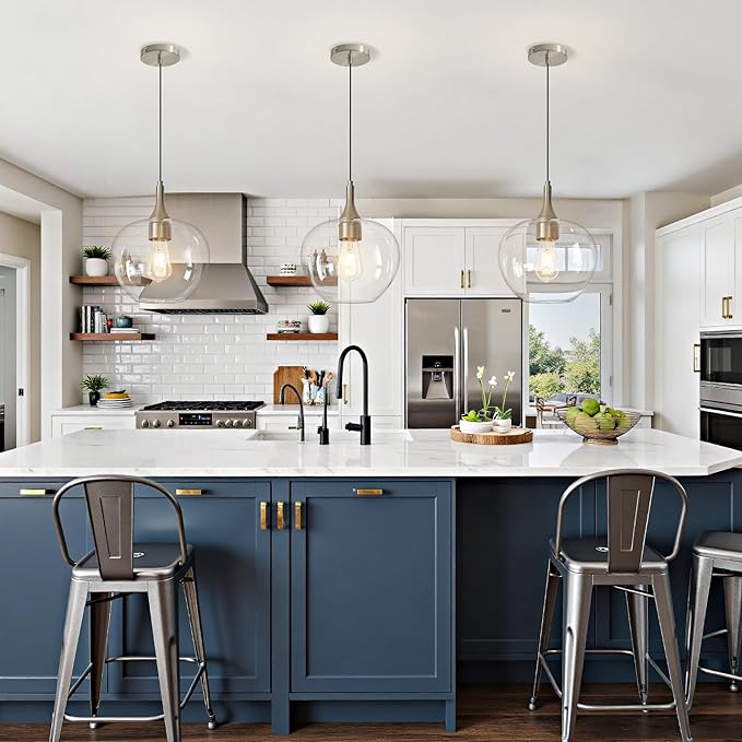 Glass Pendant Lights Kitchen Island, 9.45'' Brushed Nickel Pendant Lighting Fixtures, Modern Hanging Ceiling Light with Clear Glass Shade for Farmhouse Dining Room Bedroom Hallway(1 Pack)