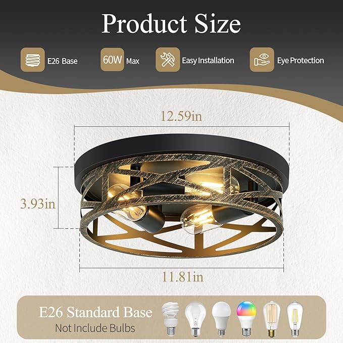 Flush Mount Ceiling Light Fixture,13 inch Rustic Metal Black 3-Light Hallway Light Fixtures Ceiling,Vintage Light Fixtures Ceiling Mount for Farmhouse,Kitchen,Hall (2 Pack)