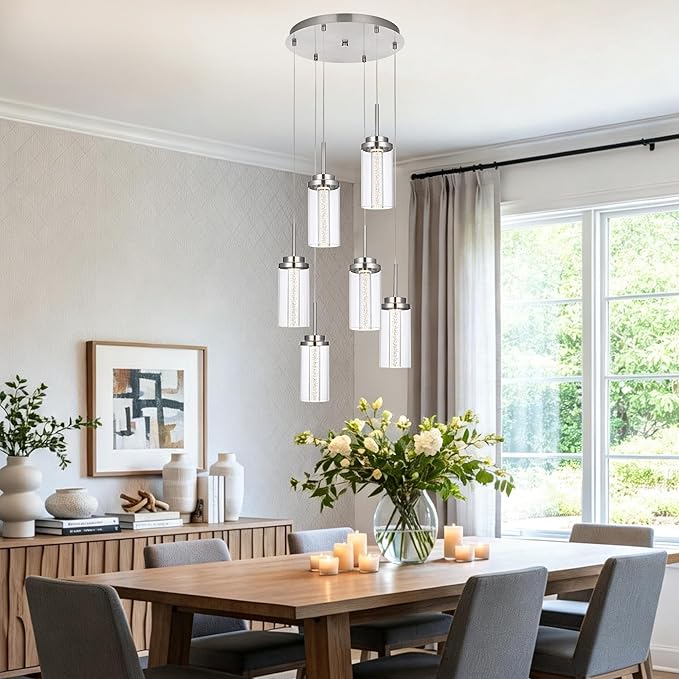 MELUCEE 6-Light Modern LED Pendant Light Fixtures with 3000K-6000K Adjustable Color Temperature Brushed Nickel Kitchen Pendant Lights Ceiling Hanging Chandeliers for Dining Room Kitchen Island