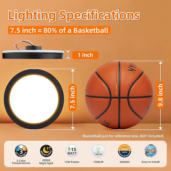 Hlite 7.5 Inch Flush Mount LED Ceiling Light with Night Light, CRI90, 15W, 1500 LM, 3000K/4000K/5000K Selectable, Flat Round LED Ceiling Light, Dimmable Bedroom Lights for Ceiling, Black(2Pack)