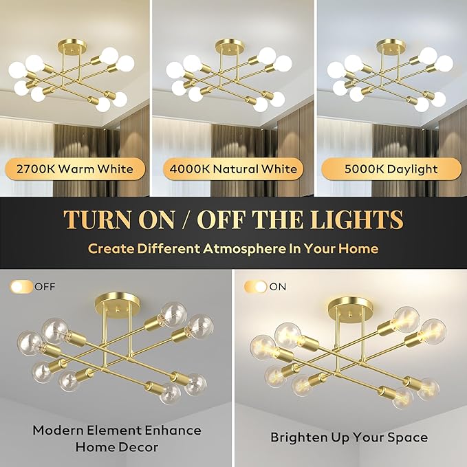 Modern Sputnik Chandelier Ceiling Light Fixtures, 5.9" Ceiling Canopy, 8-Lights Mid Century Industrial Metal Semi Flush Mount for Dining Room, Bedroom, Living Room-Gold