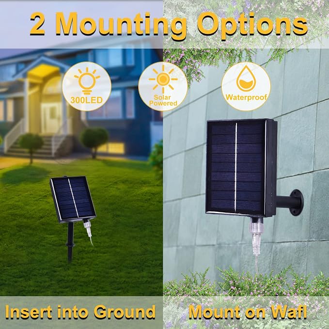 300LED Solar Curtain Lights USB & Solar Dual Powered 8 Modes Waterproof String Lights for Home Indoor Outdoor Use Garden Patio Decoration (Cold White)