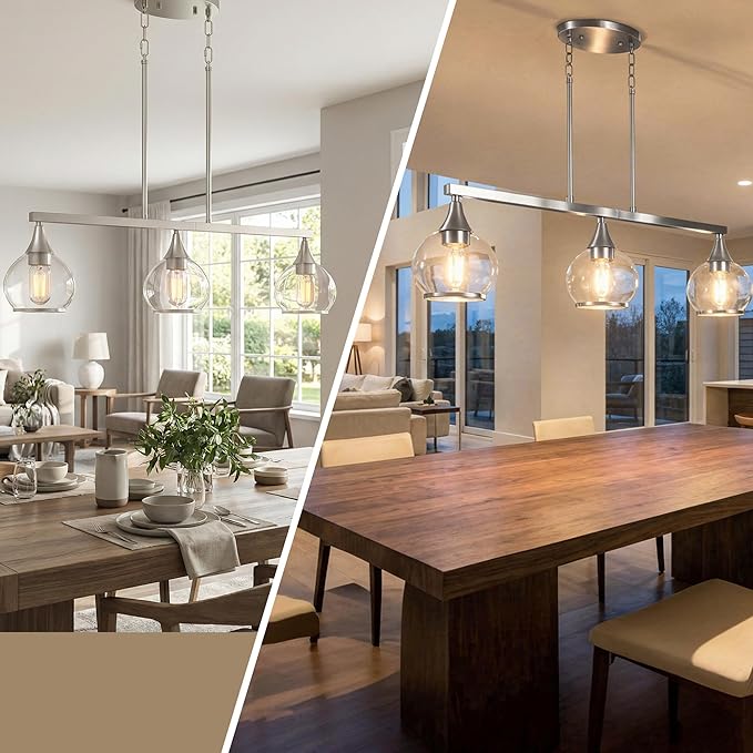 Kitchen Island Linear Pendant Light, 3-Light Modern Chandelier with Clear Glass Globe Shades, Linear Lighting Fixture Over Dining Table, Brushed Nickel