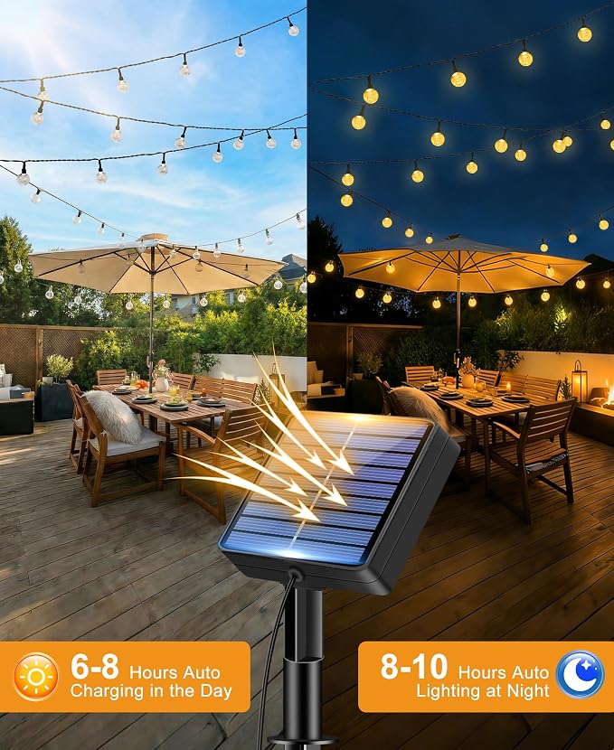 btfarm 2 Pack Solar String Lights Outdoor Waterproof, Total 98 FT 100 LED Solar Powered Patio Light, 8 Lighting Modes Crystal Globe Decorative for Garden Balcony Yard Porch Party, Warm White