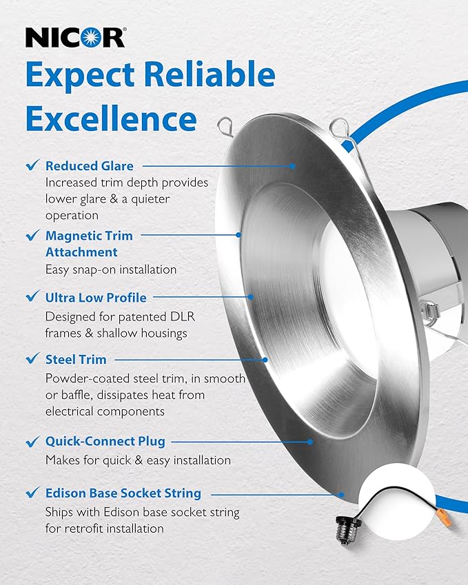 Recessed Ceiling Lights LED Downlight - 5/6 inch LED Recessed Light Fixtures - Selectable CCT 2700K-5000K, 918 Lumens, 10.3W - DLR56 Retrofit Ceiling Light, Nickel, 1-Pk by NICOR Lighting