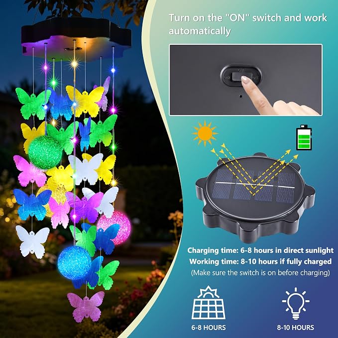 Zeiliuled Solar Decorative Lights Outdoor, Pastel Butterfly Shell Mobile | Solar Wind Chimes For Gifts for Mom Grandma Wife, LED Outside Decorative Mobile Lights for Garden Yard Patio Decorations