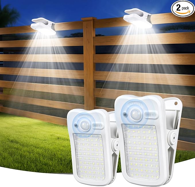 Clip on Solar Lights for Fence, 3 Modes Solar Motion Lights Outdoor Waterproof, 60LEDs 500LM Portable Security Light for Fence, Deck, Garage, Camping, USB Charging, 2 White
