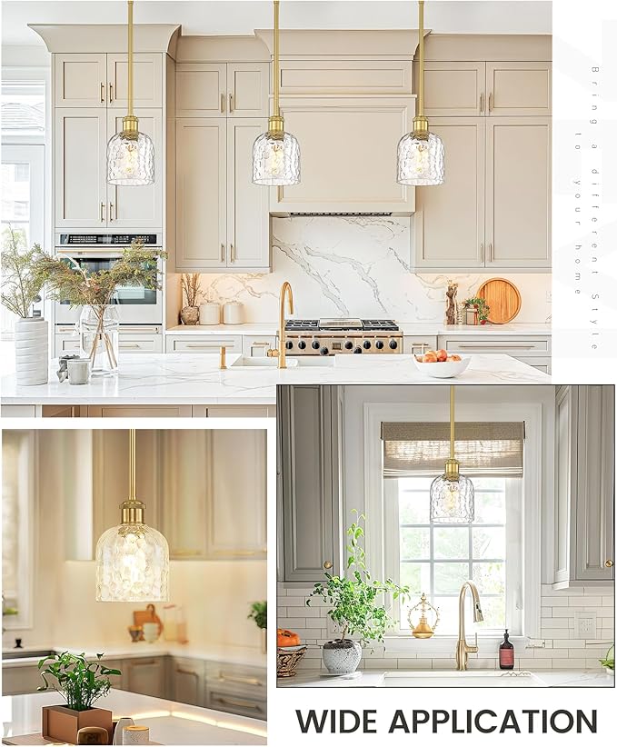 zeyu Modern 1 Light Hanging Lamp, Hanging Lighting Fixture Set of 2, Gold Pendant Light with Clear Hammered Glass, Brushed Gold Finish, ZJF63MIL-2PK BG