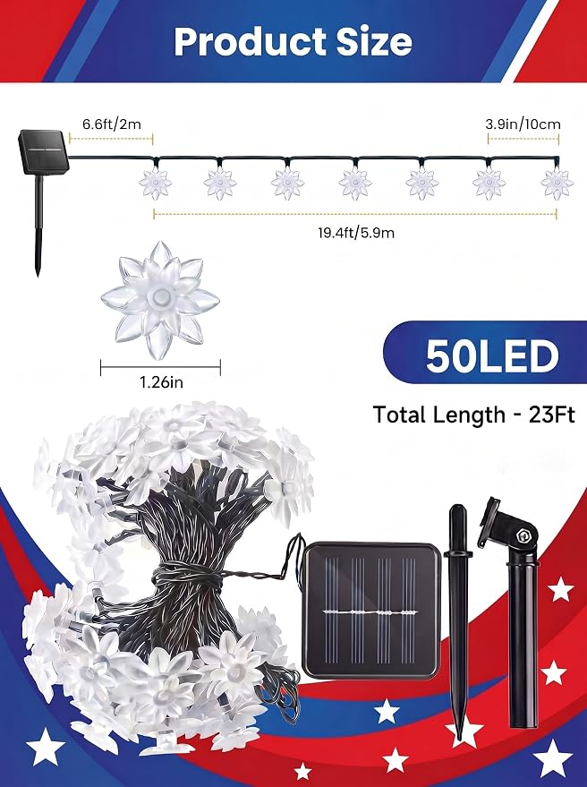ITICdecor Solar Flower String Lights Outdoor Waterproof 50 LED Solar String Lights for Outside Decorative for Garden Fence Patio Yard Christmas Tree Lawn Party(Red White&Blue)