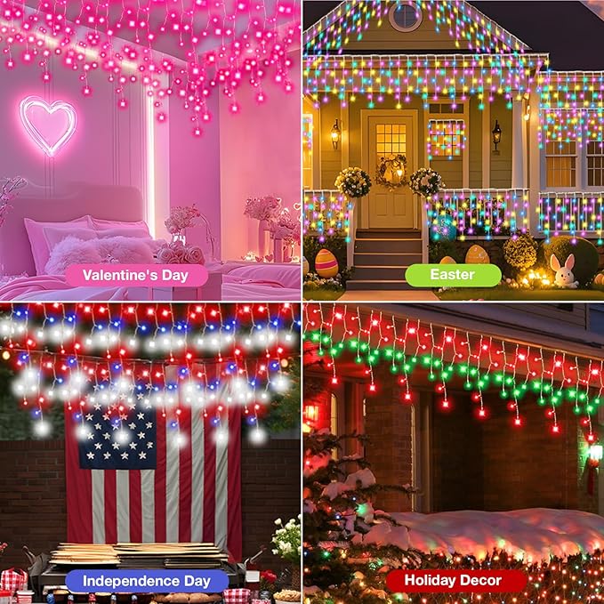 66FT Smart Color Changing Icicle Lights Outdoor - APP Control DIY Red White and Blue Curtain Lights Music Sync 100+ Effects 598 LEDs 138 Drops, Group Control Waterproof for Roof Eaves Holiday Decor