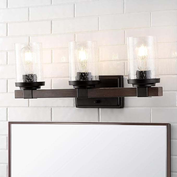 JONATHAN Y 22.75" Oil Rubbed Bronze LED Vanity Light, Rustic Farmhouse Sconce, Clear Seeded Glass Shade, Industrial Wall Lamp for Bathroom Mirror, Kitchen Sink, LED Bulb (JYL7509A)