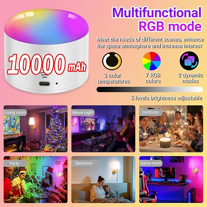 YHCDLAMP Battery Operated Wall Sconce Set of 2, Rechargeable Wall Sconce with 10000mAh Bulb and Remote, Up to 50 Hrs Use, RGB Dimmable Wireless Wall Lights for Living Room Bedroom Hallway