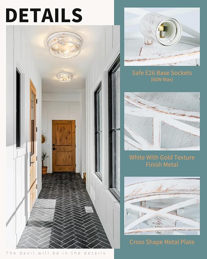 3-Light Cage Ceiling Light Fixtures, Indoor Modern Close to Ceiling Lights, 13 Inch White and Gold Metal Flush Mount Ceiling Lights for Bedroom, Living Room, Kitchen