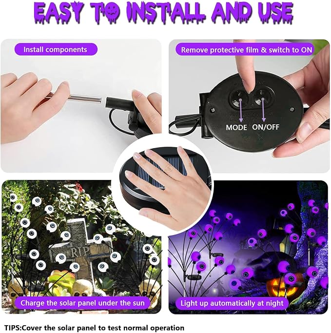 Solar Halloween Decorations Outdoor 4 Pack 24LED Purple Solar Eyeball Light | Newly 3-Tier Design, 2 Lighting Modes, Auto ON/OFF, IP65 Waterproof, Firefly Lights for Walkway Yard Lawn Garden Horror Party