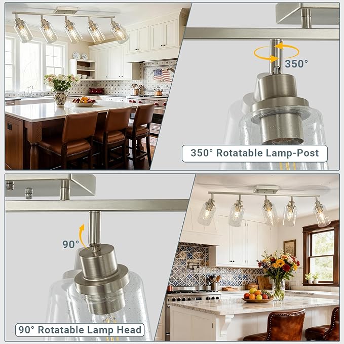 LOUSACE 5-Light Brushed Nickel Track Lighting Fixtures Ceiling Mount Spotlights with Seeded Glass Shade, Modern Bathroom Tracking Vanity Lights for Hallway Kitchen