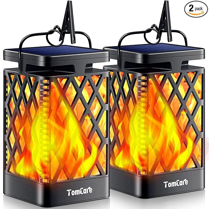 TomCare Solar Lights Outdoor Flickering Flame Solar Lantern Outdoor Hanging Lanterns Decorative Outdoor Lighting Solar Powered Waterproof LED Flame Lights for Patio Garden, 2 Pack(Black)