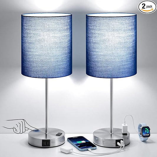 Blue Touch Lamps for Nightstand Set of 2 - Bedside Table Lamp for Bedroom with Dual USB Ports & AC Outlet, 3-Way Dimmable Lamps for Living Room Boys Room, Night Light with 5000K Daylight Bulbs