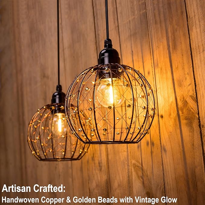 TWINKVILLA Hanging Pendant Lights, Battery Operated Outdoor Chandelier with Warm White LED Bulb for Patio Tree Pergola Gazebo Porch (Beaded Ball-G50-2PK)