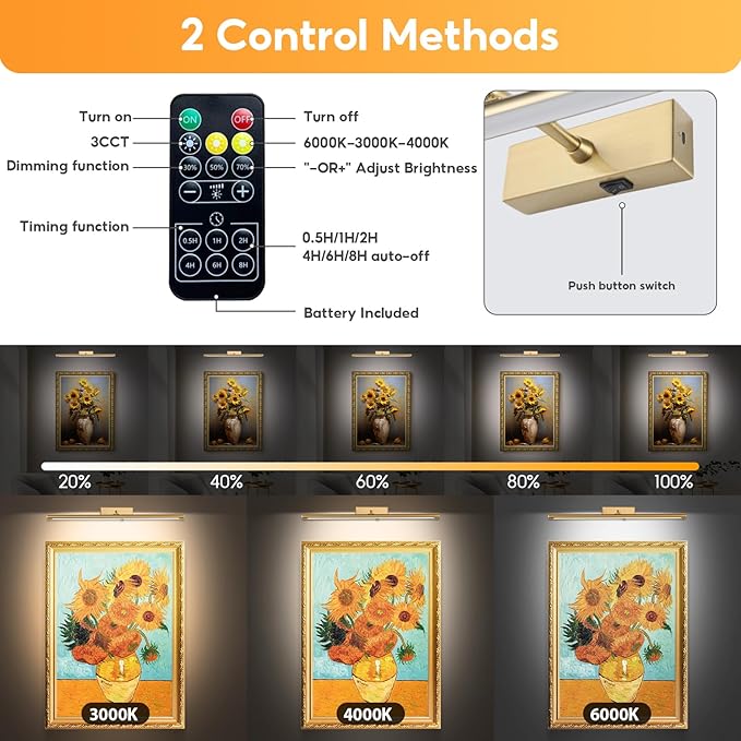 Picture Light for Wall Battery Operated, 16" Rechargeable Art Light with Remote and Timer for Painting, 3 Color Temps, Wireless Wall Light for Display, Artwork, Portrait, Gallery, Bronze