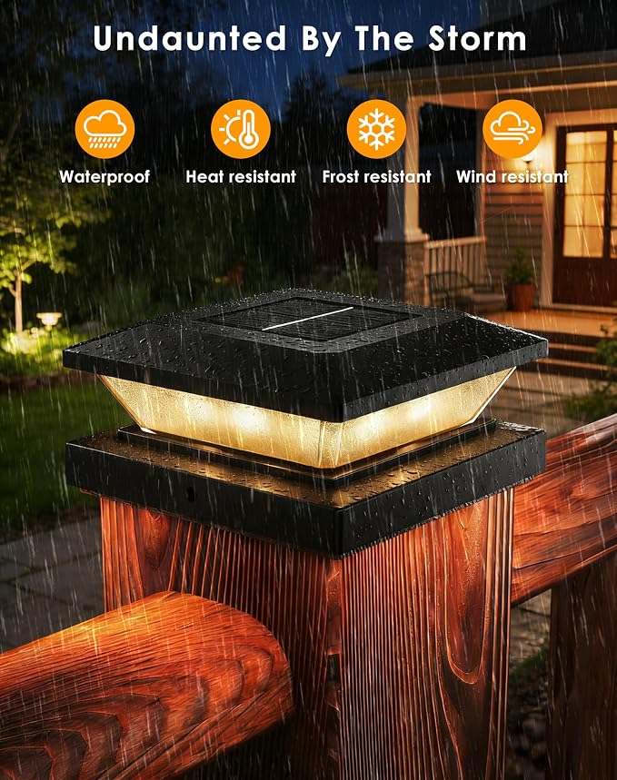4x4-Solar-Post-Cap-Lights-Outdoor 6 Pack Solar Powered Fence Post Lights 3 Lighting Modes Deck Postcap Light for 3.5x3.5 4x4 Wood/Vinyl Posts LED Waterproof Garden Patio Porch Posts Lighting Black