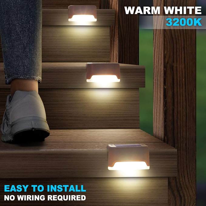 DenicMic 16 Pack Solar Deck Lights Outdoor Waterproof 4000K Warm White LED | Step Fence Patio Yard Stair Railling Pool Side Balcony Front Porch Outside Deck Lighting Decorative 5 Lumen ABS Brown Shell