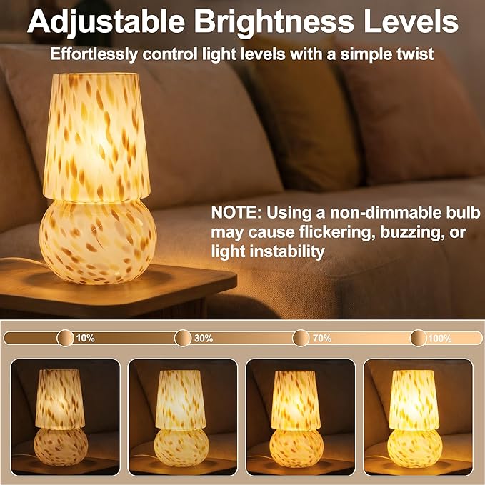 9.8 Inch Mushroom Table Lamp, UL Listed Dimmable Small Desk Bedside Lamp with Woven Beige Cord, Handcrafted Pattern, Murano Home Decor for Bedroom, Living Room, Entryway, Cream Gold, No Bulb Included