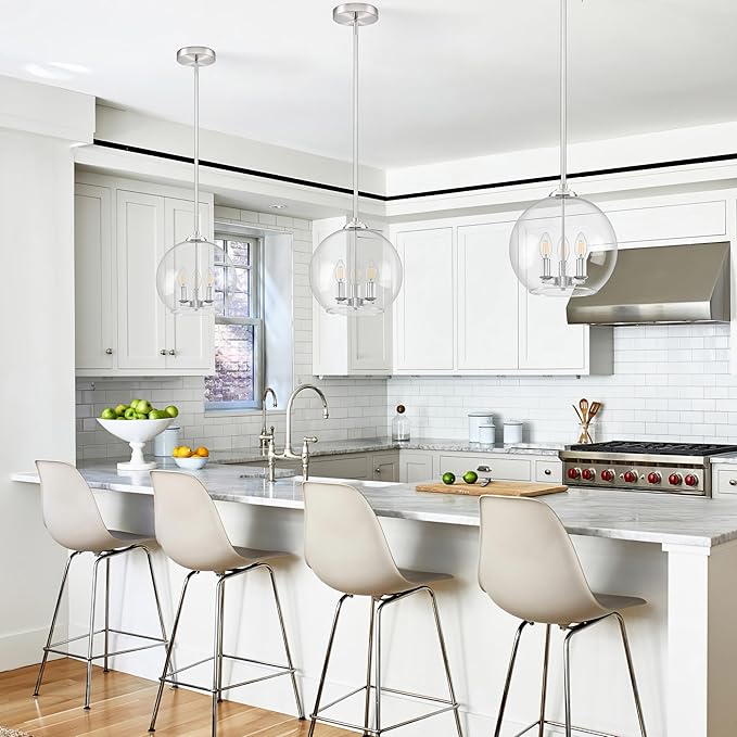 12" Globe Pendant Lights Kitchen Island 2 Pack Glass Globe Pendant Light Fixture Bedroom Mid Century Modern Pendant Lighting Nickel Pendant Light for Kitchen Island (Bulb Incl.)
