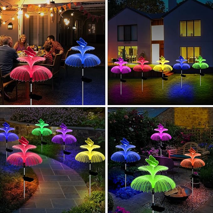Weepong Solar Garden Lights Waterproof 6 Pack Solar Lights Outdoor Decorative 7 Color Changing Double Jellyfish and Butterfly Flower Yard Garden Decor Lawn Christmas Outside, Gifts for Mother's Women