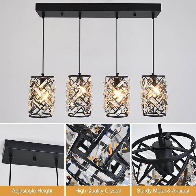 Pendant Lights Kitchen Island, 25.6” Modern Farmhouse Crystal Pendant Lighting, K9 Crystal Chandelier for Dining Room, Entryway & Bar, Adjustable Hanging Light Fixture (E26 Base, Bulbs Not Included)