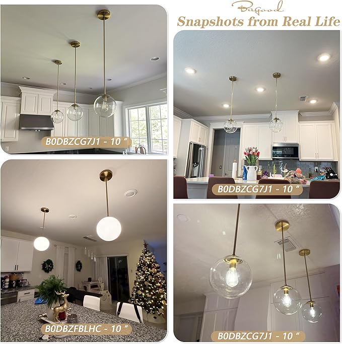 Bagood 10 Inch Globe Pendant Light Gold Mid Century Pendant Light Contemporary Globe Pendant Lights Adjustable Hanging Light Fixture Milk Glass with Brass Finish for Dining Room Kitchen Island