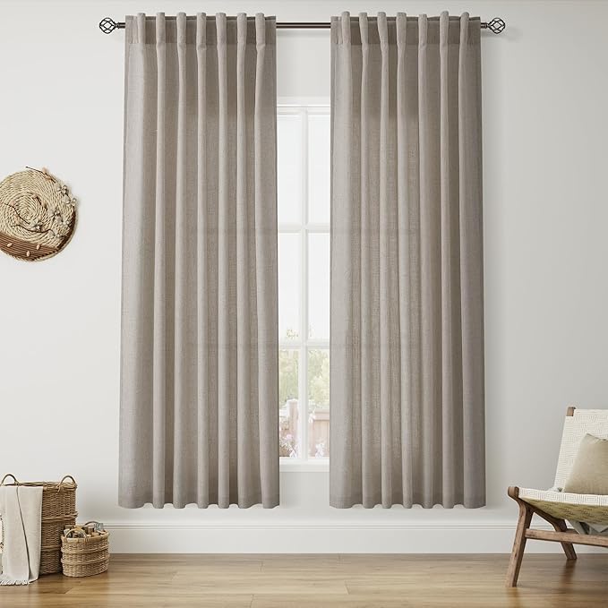 Nanspring Grey Beige Linen Curtains for Living Room 72 Inches Long Luxury Light Filtering Semi Sheer Curtain Back Tab Simple Modern Neutral Elegant Boho Gray Drapes for Bedroom 52x72, 2 Panels