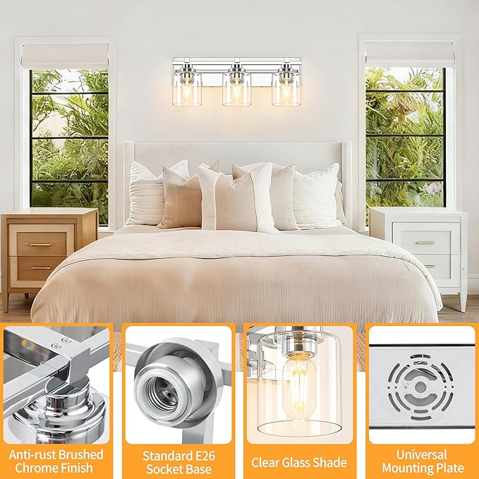 3 Light Modern Bathroom Light Fixtures Over Mirror, Chrome Vanity Lights for Bathroom Wall Sconces with Clear Glass Shades, E26 Socket (Bulbs Not Included)