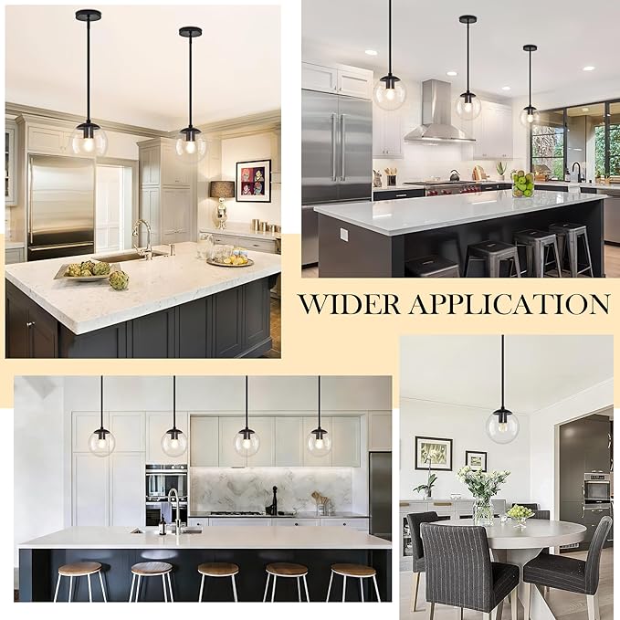 Bagood 6" Globe Pendant Light Black 2 Pack Mid Century Pendant Light Globe Pendant Lights Kitchen Island Matte Black Finished with Clear Glass Adjustable Ceiling Light Fixtures for Dining Room Bar