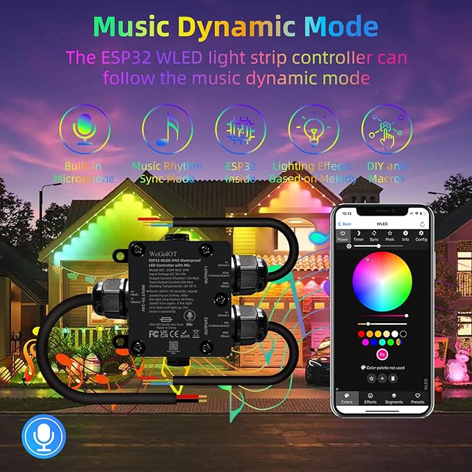 IP65 Waterproof LED Controller, ESP32 WLED WiFi APP Control, Outdoor Music Sync Light Controller, DC5-24V, for WS2812B RGBIC RGBW LED Strip Lights(2 Channel)