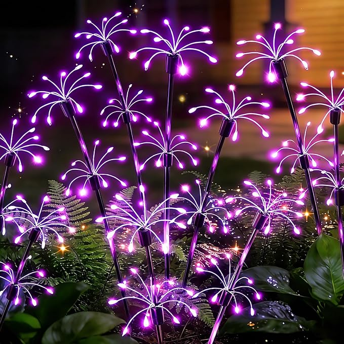 Solar Garden Lights Outdoor, 4 Pack 2-Layer Purple Solar Firework Lights, Waterproof Starburst Fairy Light Garden Decor for Yard Patio Pathway Lawn, Unique Gifts for Women Mom Grandma Mother's Day