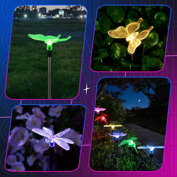 GIGALUMI Solar Garden Lights, 6 Pack Solar Butterfly Lights Decoration, Outdoor Garden Decoration Color Changing LED, Outdoor Decorative for Pathway, Lawn, Patio, Driveway