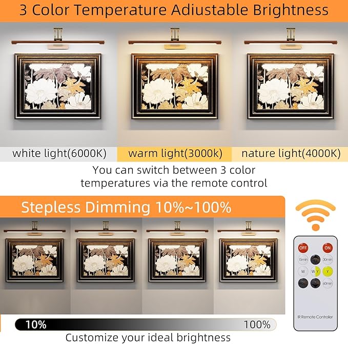 Wireless Picture Lights for Wall Rechargeable,16 inch Battery Operated Art Light for Paintings,3CCT Dimmable with Remote,Rotatable Gallery Light for Pictures Display,Wood
