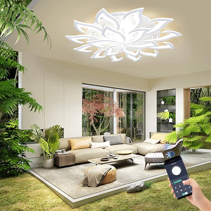 AHAWILL Ceiling Light Dimmable Modern Embedded LED Chandelier Metal Acrylic Petal Ceiling Ceiling Light, Suitable for Living Rooms, Bedrooms, Children's Rooms, Etc. 43.3″/120w/18 Heads……