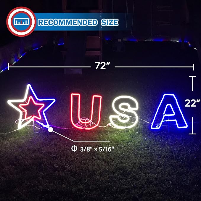 Russell Decor USA Patriotic Yard Sign Liights Star with 4-Level Dimmable Controller Waterproof Outdoor lights Red White Blue (6 ft x 2 ft)