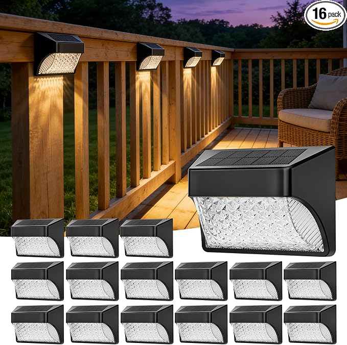 Tadyreal Solar Fence Lights Outdoor Waterproof Ip65, 10 Lighting Modes Fence Lights Solar Powered with 15 Bright Led Lens, Backyard Light Outdoor for Deck Railing Step Pool Patio Wall - 16 Pack