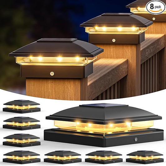 VOLISUN Solar Post Cap Light Outdoor,Solar Fence - Post Lights Waterproof for 4x4/5x5/6x6 Wooden/Vinyl Post,Black Deck Cap Light Solar Powered with Warm White for Garden/Patio/Porch 8pack