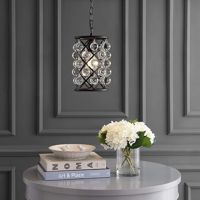 JONATHAN Y 8" Oil Rubbed Bronze 1-Light Iron and Crystal Drum Pendant Light, Modern Glam Ceiling Fixture for Kitchen Island, Adjustable Height, ETL Listed, LED Bulb Included JYL9506A