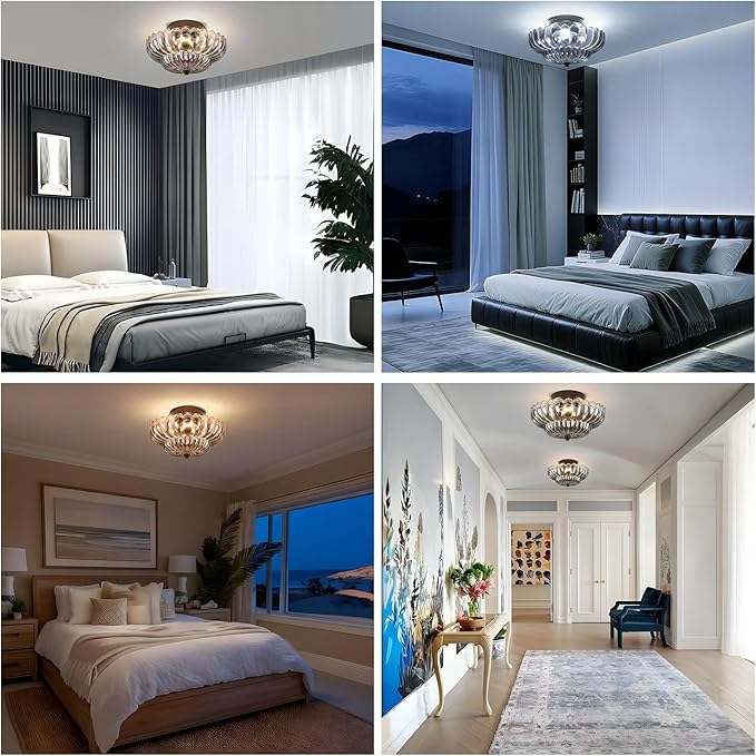 Modern Black Flush Mount Ceiling Light,Semi Flush Mount Ceiling Light Fixture,Industrial Kitchen Lighting,Electroplated Transparent Glass mid century light for Bedroom, Living Room, Hallway, Entryway