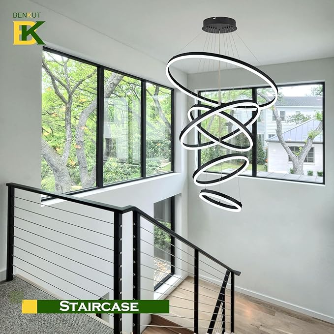 Benkut 5 Rings D31.5 Modern LED Chandelier Black Large Dimmable Circular High Ceiling Chandeliers with Remote Control for Foyer Dining Room Living Room Staircase Villa, 3000K-6500K CCT